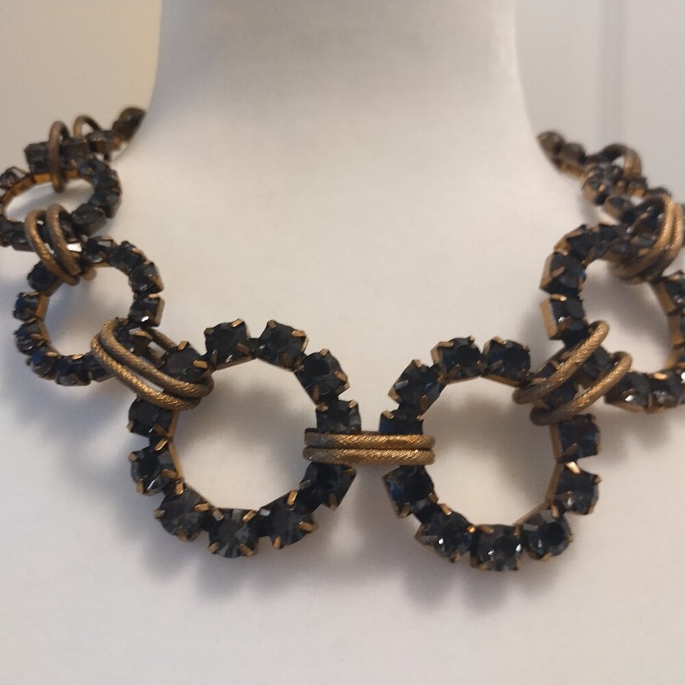 Vintage Sapphire Crystal Necklace 16"-18" Brass and Circles
